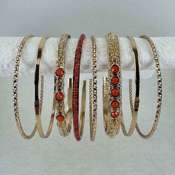 Gold-tone Coral Bangle Bracelet 8 pcs Set Textured Detailing Beaded Accents 2.5" - Picture 2 of 7